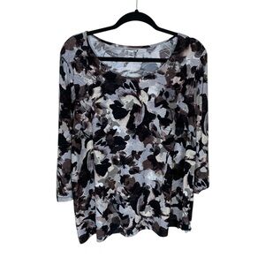 Croft & Barrow Brown Floral 3/4 Sleeve Scoop Neck Textured Knit Top 1X
